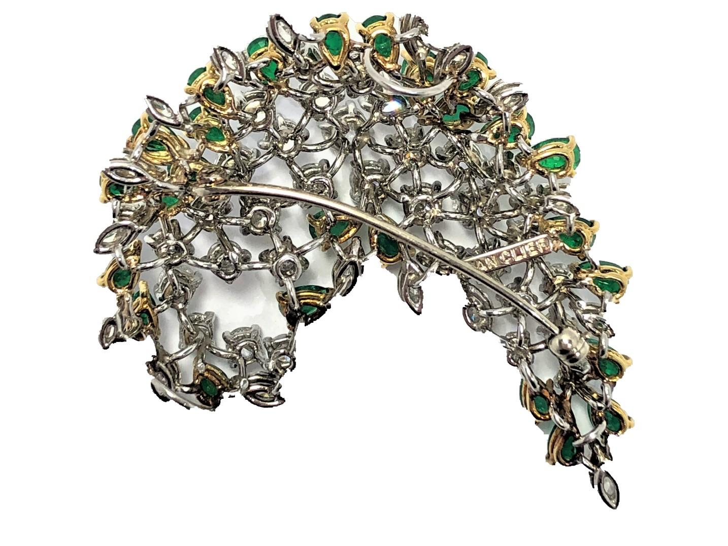 Women's 1960s Diamond and Emerald Swirl Brooch/Pendant Signed Van Clief