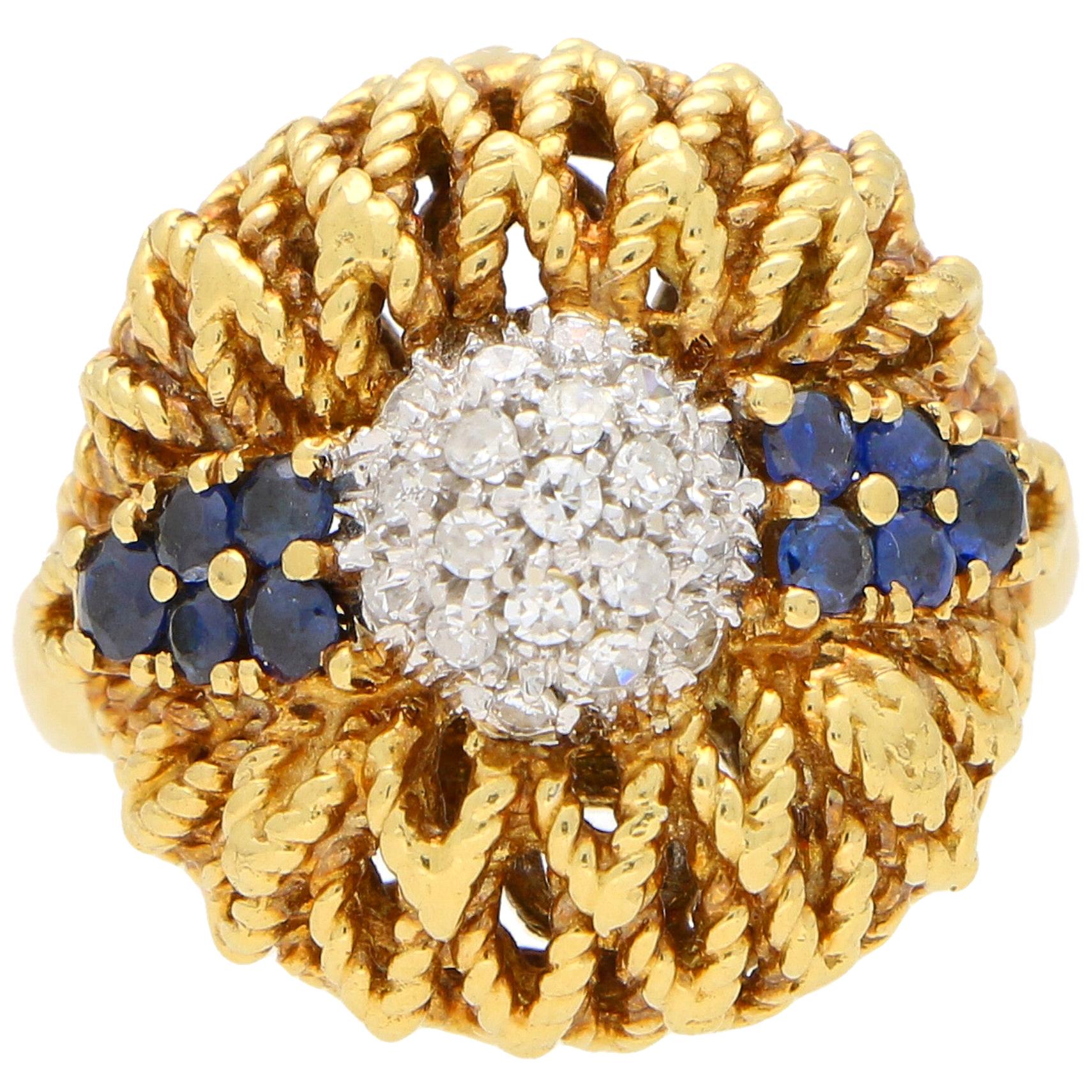 1960s Diamond and Sapphire Floral Cocktail Bombe Ring Set in 18 Karat Gold