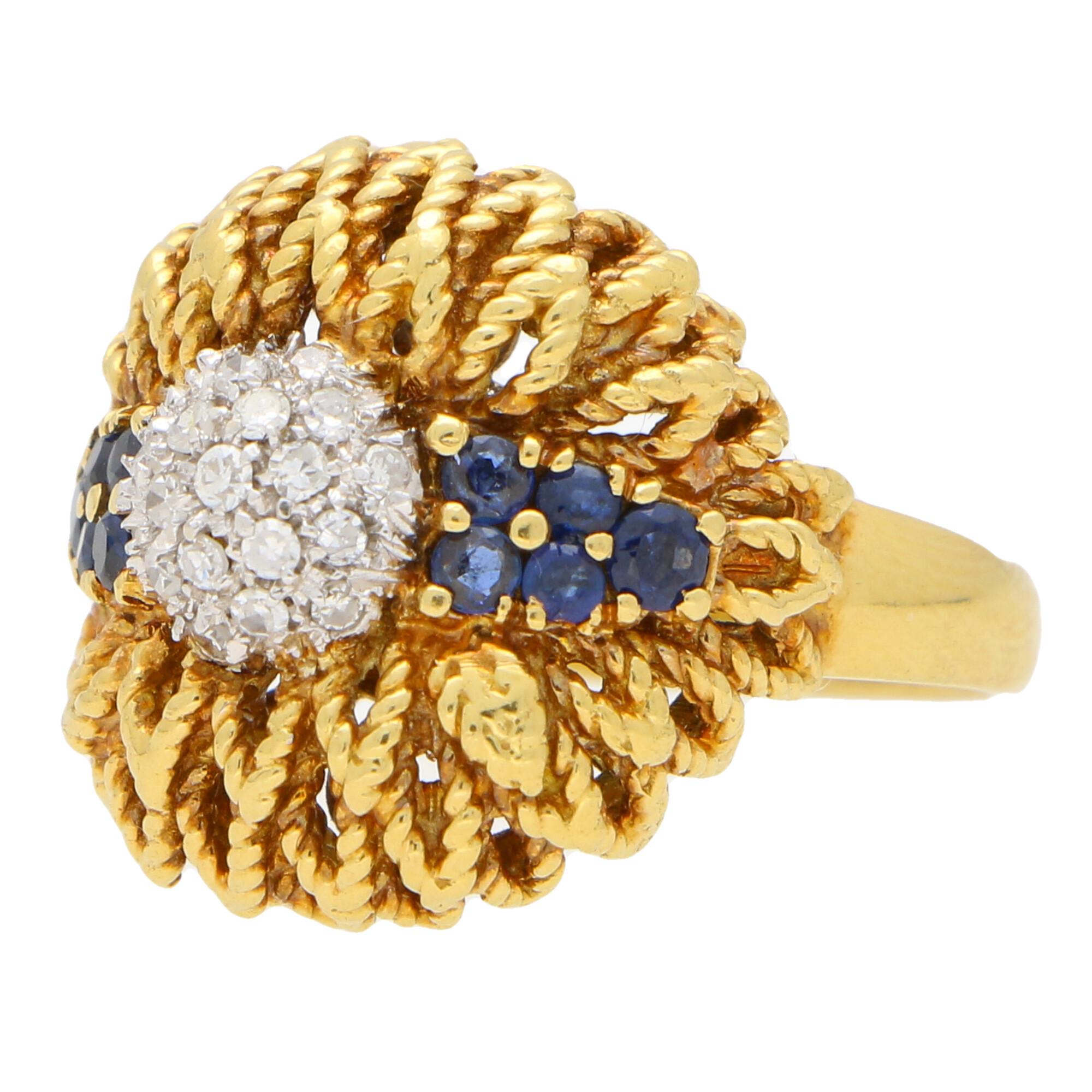 Round Cut 1960s Diamond and Sapphire Floral Cocktail Bombe Ring Set in 18 Karat Gold