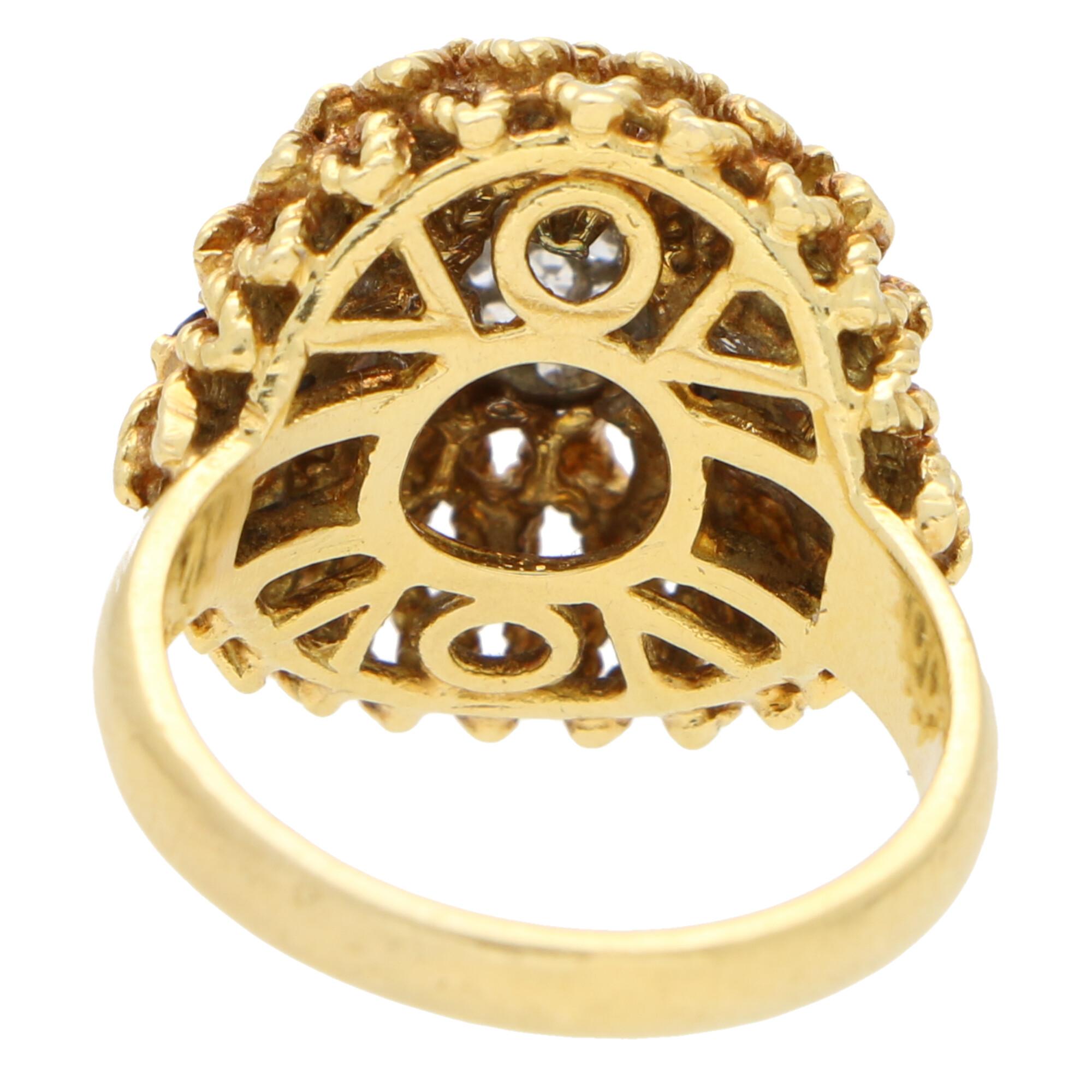 Women's or Men's 1960s Diamond and Sapphire Floral Cocktail Bombe Ring Set in 18 Karat Gold