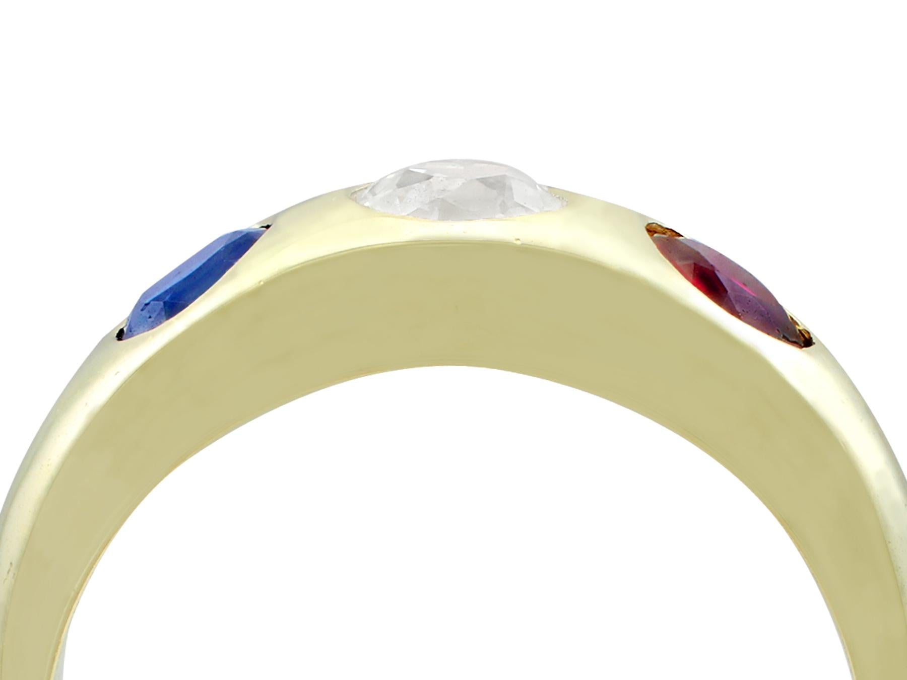 An impressive unisex 0.68 carat diamond and 0.66 carat sapphire, 0.64 carat ruby and 14 karat yellow gold ring; part of our diverse gemstone jewelry collections.

This fine and impressive unisex gemstone ring has been crafted in 14k yellow gold

The