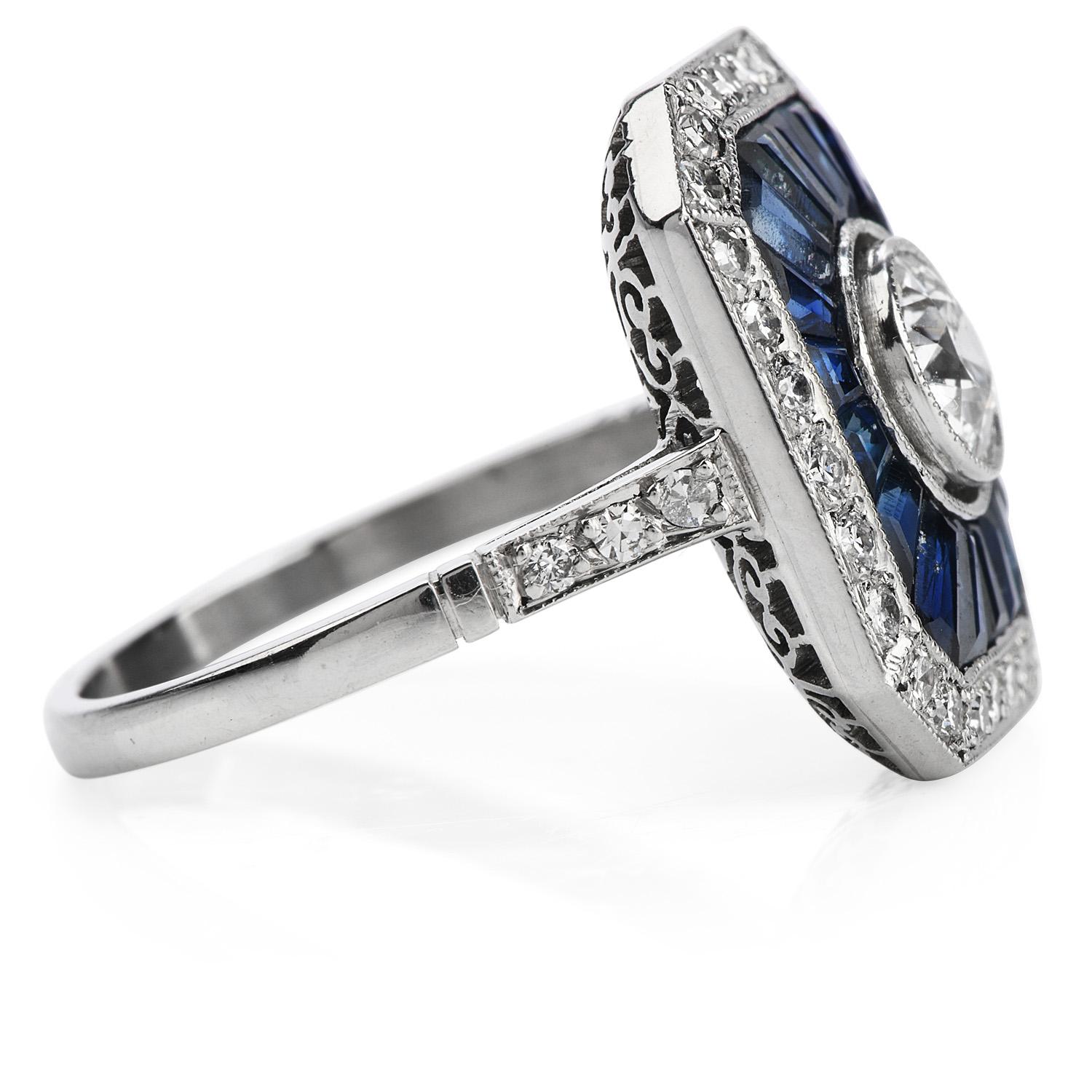 Art Deco 1960s Diamond Baguette Sapphire Platinum Rectangle Cocktail Ring