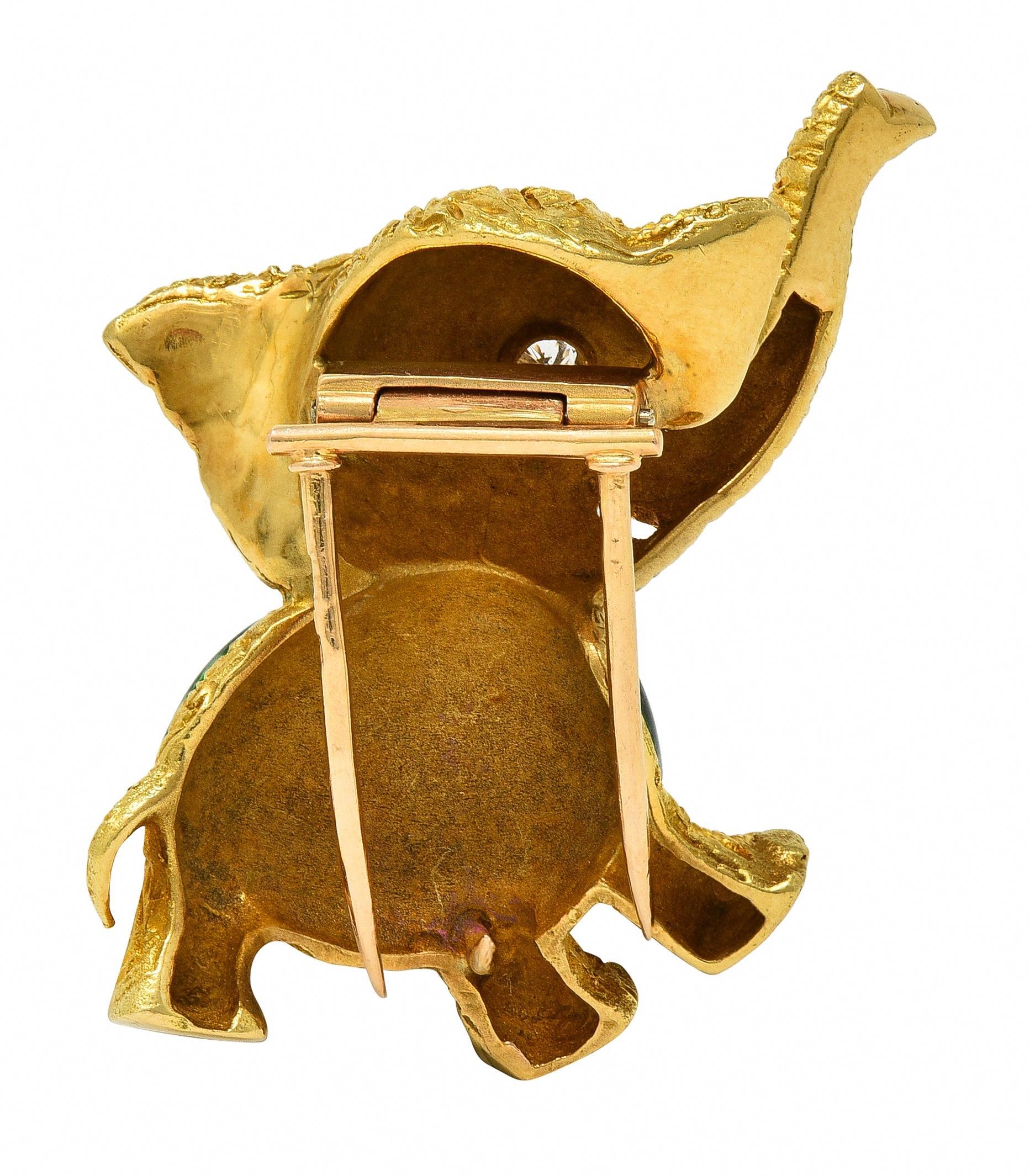 Brilliant Cut 1960's Diamond Basse-Taille Enamel 18 Karat Yellow Gold Elephant Brooch For Sale
