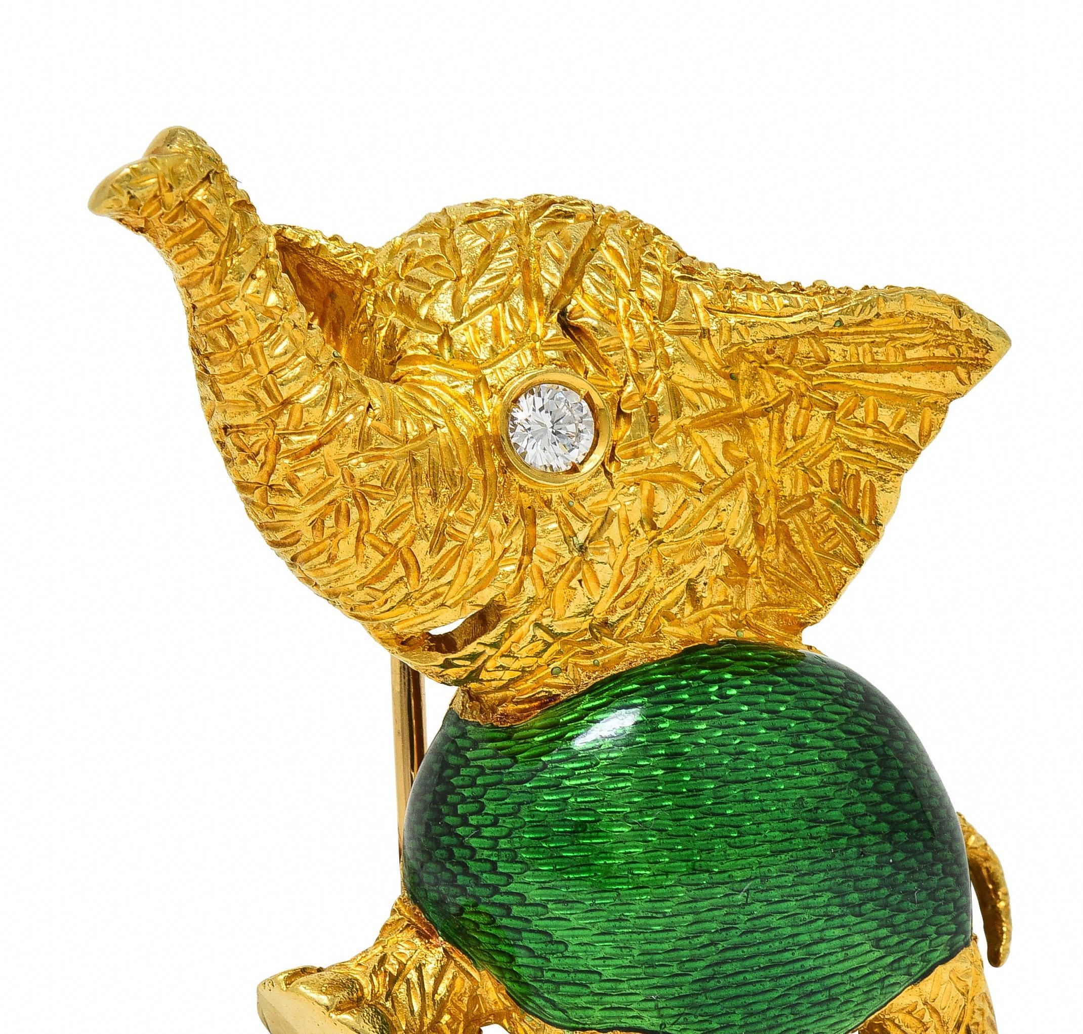 Women's or Men's 1960's Diamond Basse-Taille Enamel 18 Karat Yellow Gold Elephant Brooch For Sale