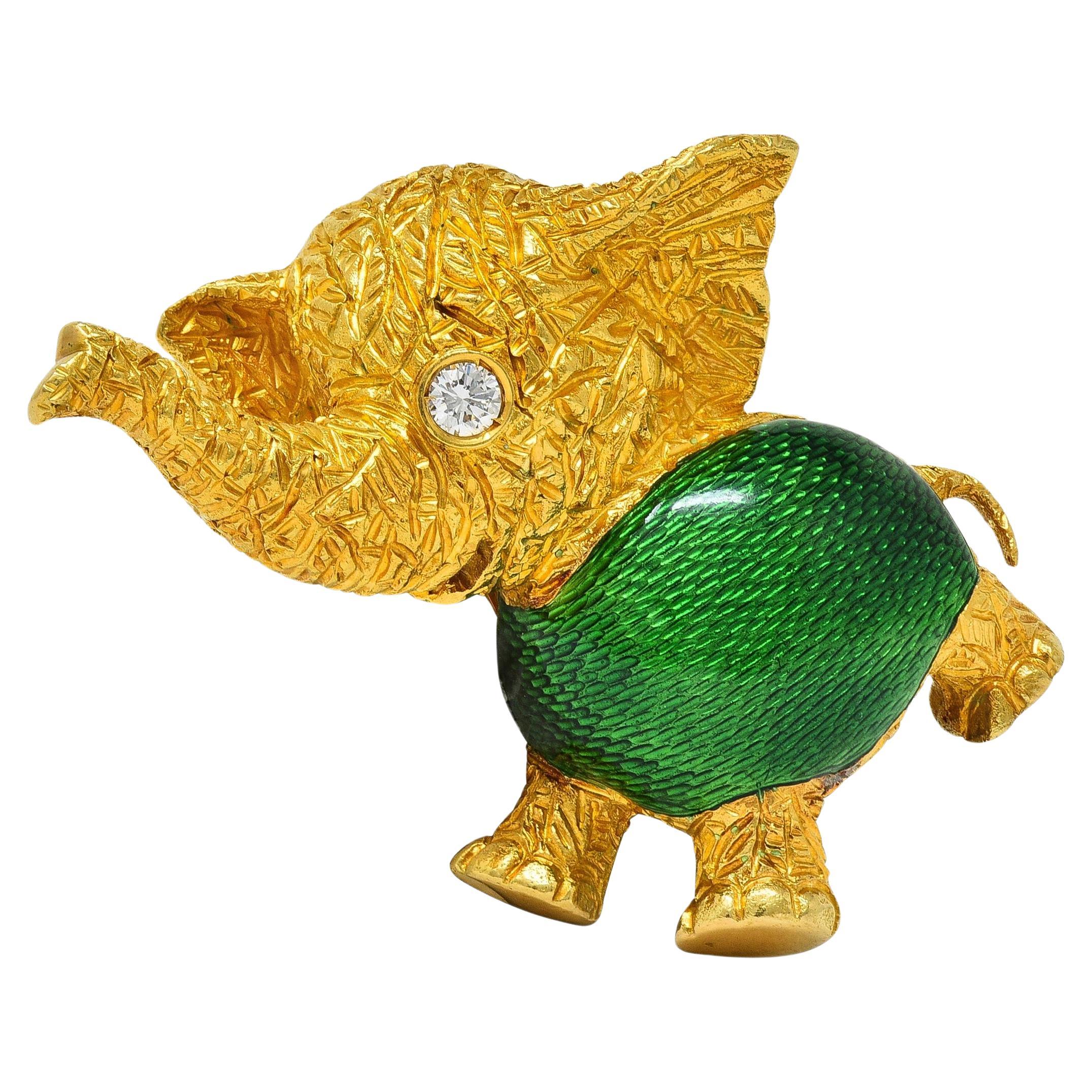 1960's Diamond Basse-Taille Enamel 18 Karat Yellow Gold Elephant Brooch For Sale
