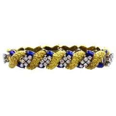 1960s Diamond Blue Enamel 18 Karat Two-Tone Gold Link Bracelet