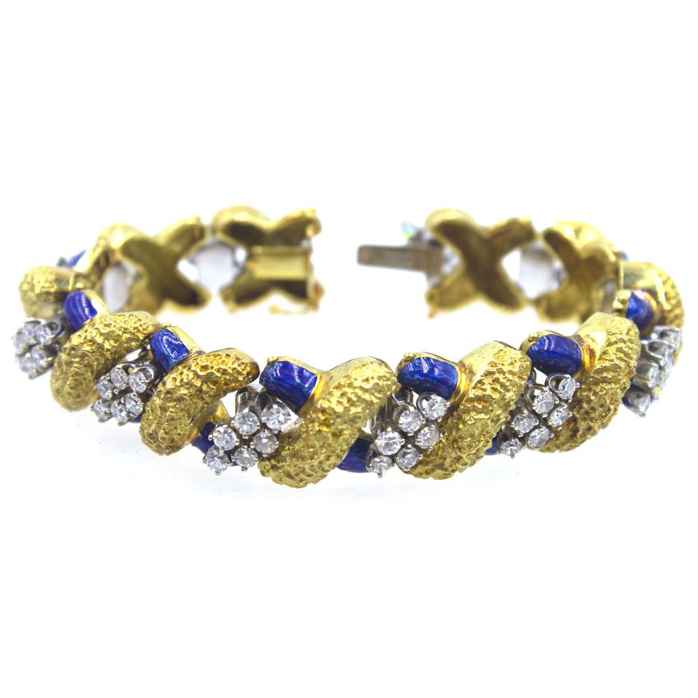 Contemporary 1960s Diamond Blue Enamel 18 Karat Two-Tone Gold Link Bracelet