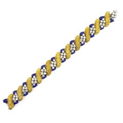 Retro 1960s Diamond Blue Enamel 18 Karat Two-Tone Gold Link Bracelet