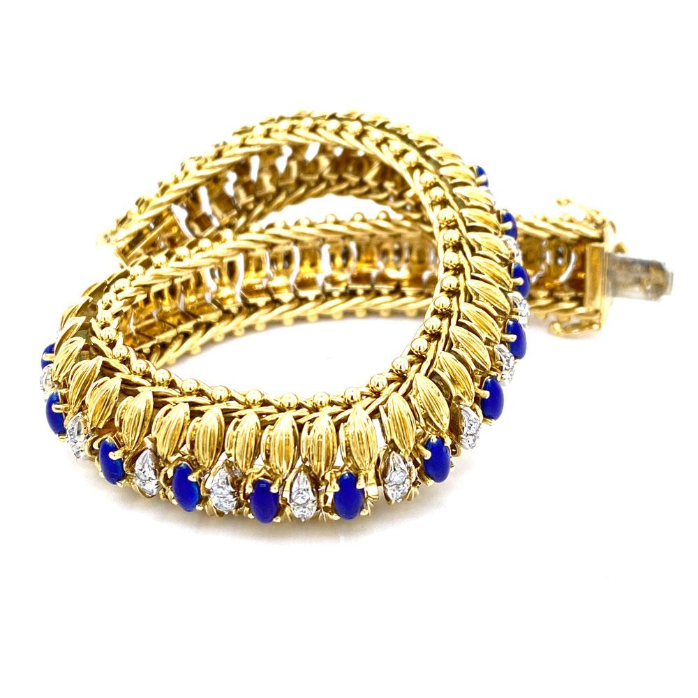 Round Cut 1960s Diamond Blue Enamel Flexible 18 Karat Yellow Gold Estate Bracelet