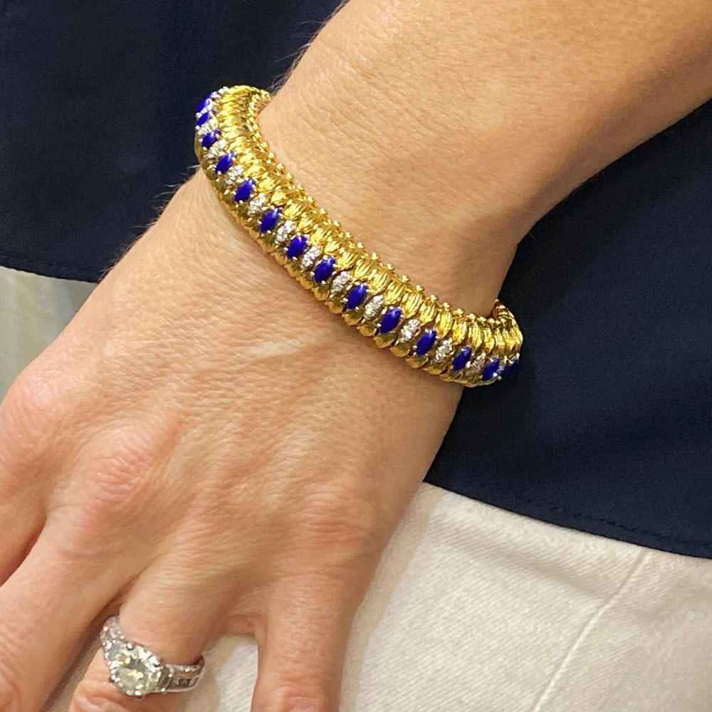Women's 1960s Diamond Blue Enamel Flexible 18 Karat Yellow Gold Estate Bracelet
