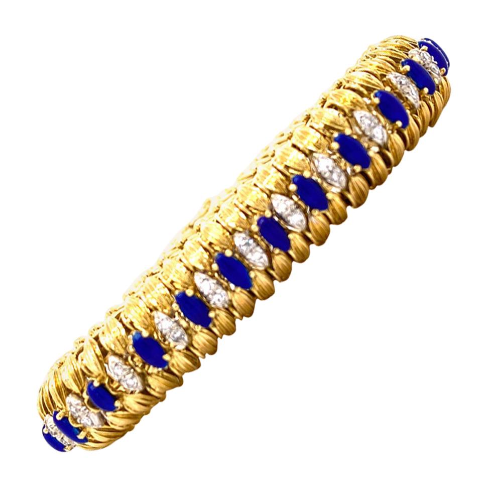 1960s Diamond Blue Enamel Flexible 18 Karat Yellow Gold Estate Bracelet