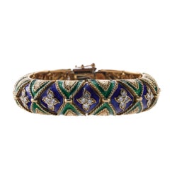 1960s Diamond Blue Green Enamel Gold Bracelet