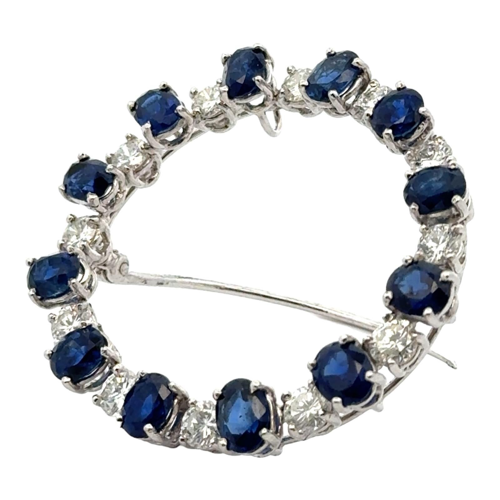 Round Cut 1960's Diamond & Blue Sapphire Platinum Circle Pin Brooch For Sale