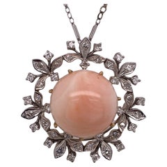 1960's Diamond Cabochon Coral White Gold Vintage Pendant Necklace Pin/Brooch