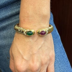 1960's Diamond Cabochon Emerald Ruby 18 Karat Yellow Gold Hinged Cuff Bracelet
