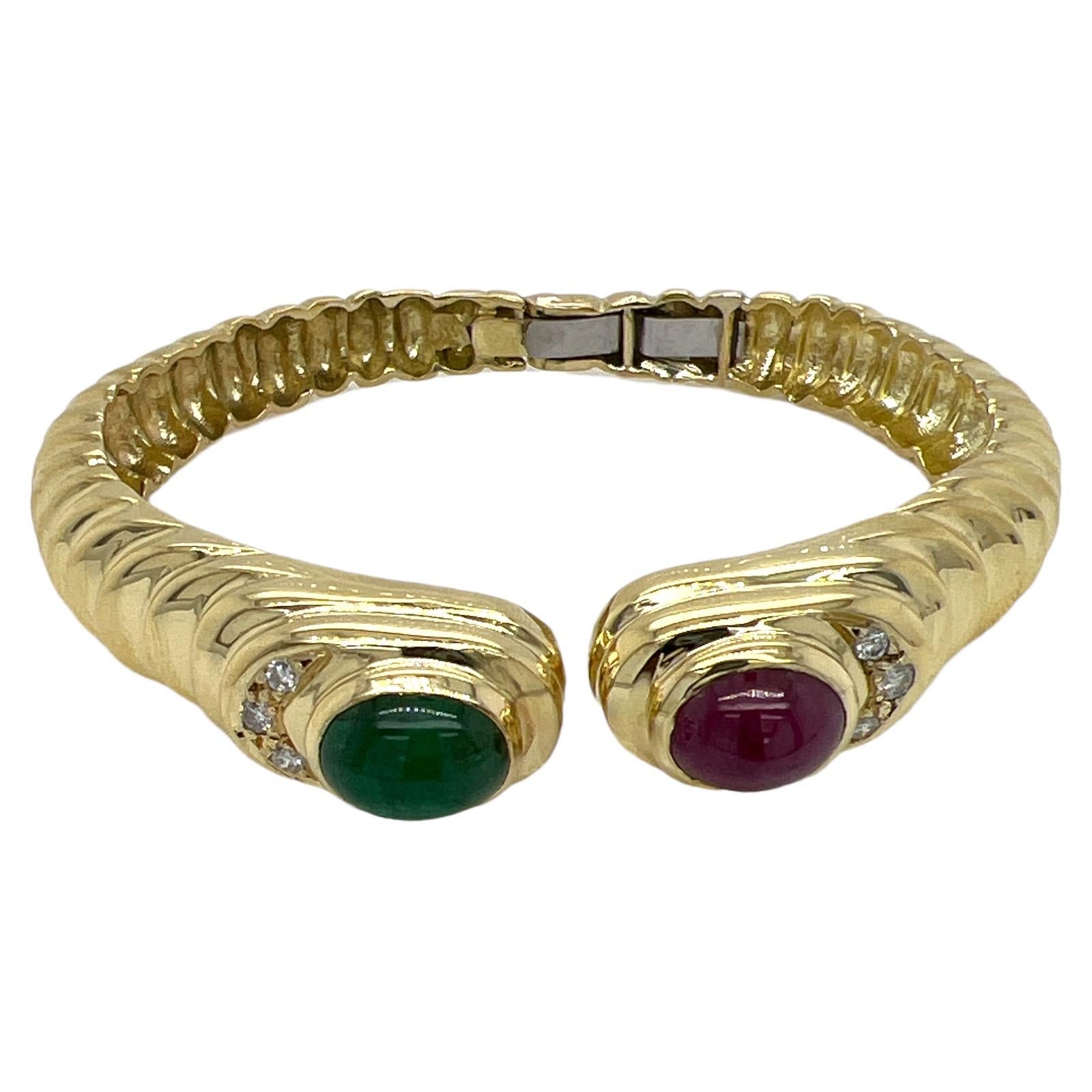 Contemporary 1960's Diamond Cabochon Emerald Ruby 18 Karat Yellow Gold Hinged Cuff Bracelet