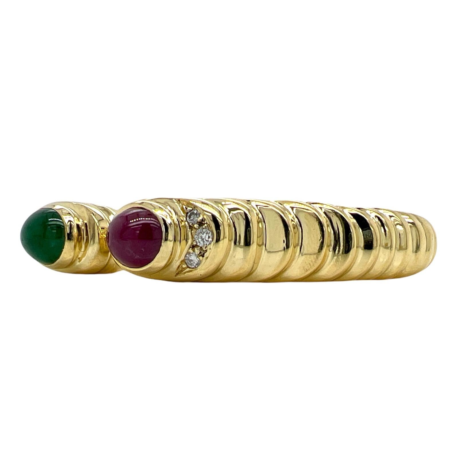 1960's Diamond Cabochon Emerald Ruby 18 Karat Yellow Gold Hinged Cuff Bracelet In Excellent Condition In Boca Raton, FL