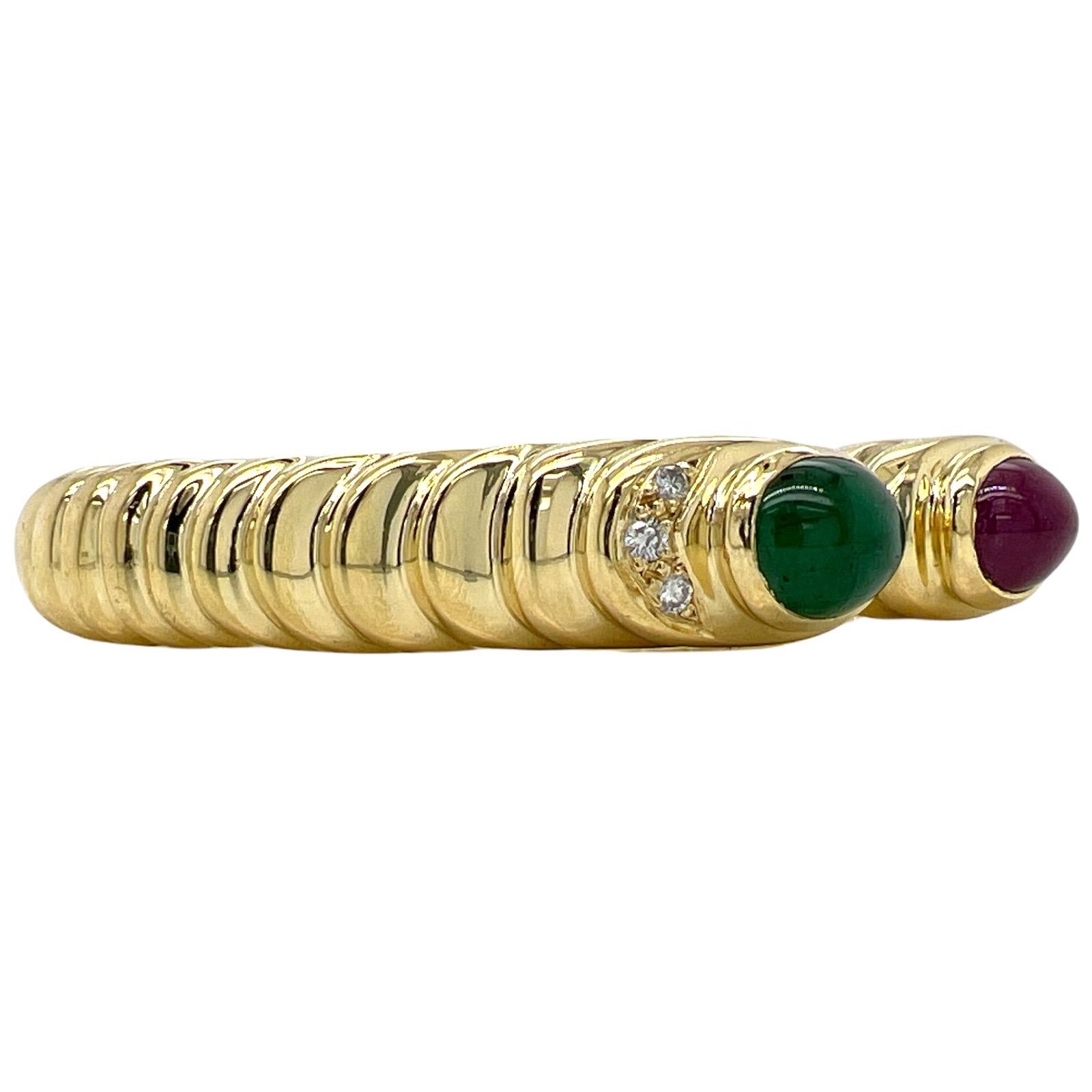 Women's 1960's Diamond Cabochon Emerald Ruby 18 Karat Yellow Gold Hinged Cuff Bracelet