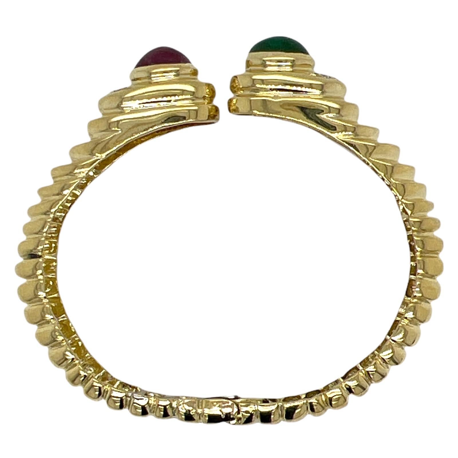 1960's Diamond Cabochon Emerald Ruby 18 Karat Yellow Gold Hinged Cuff Bracelet 2