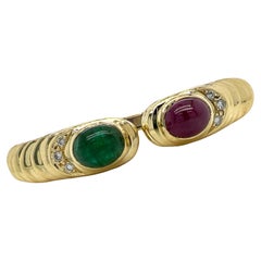 Retro 1960's Diamond Cabochon Emerald Ruby 18 Karat Yellow Gold Hinged Cuff Bracelet