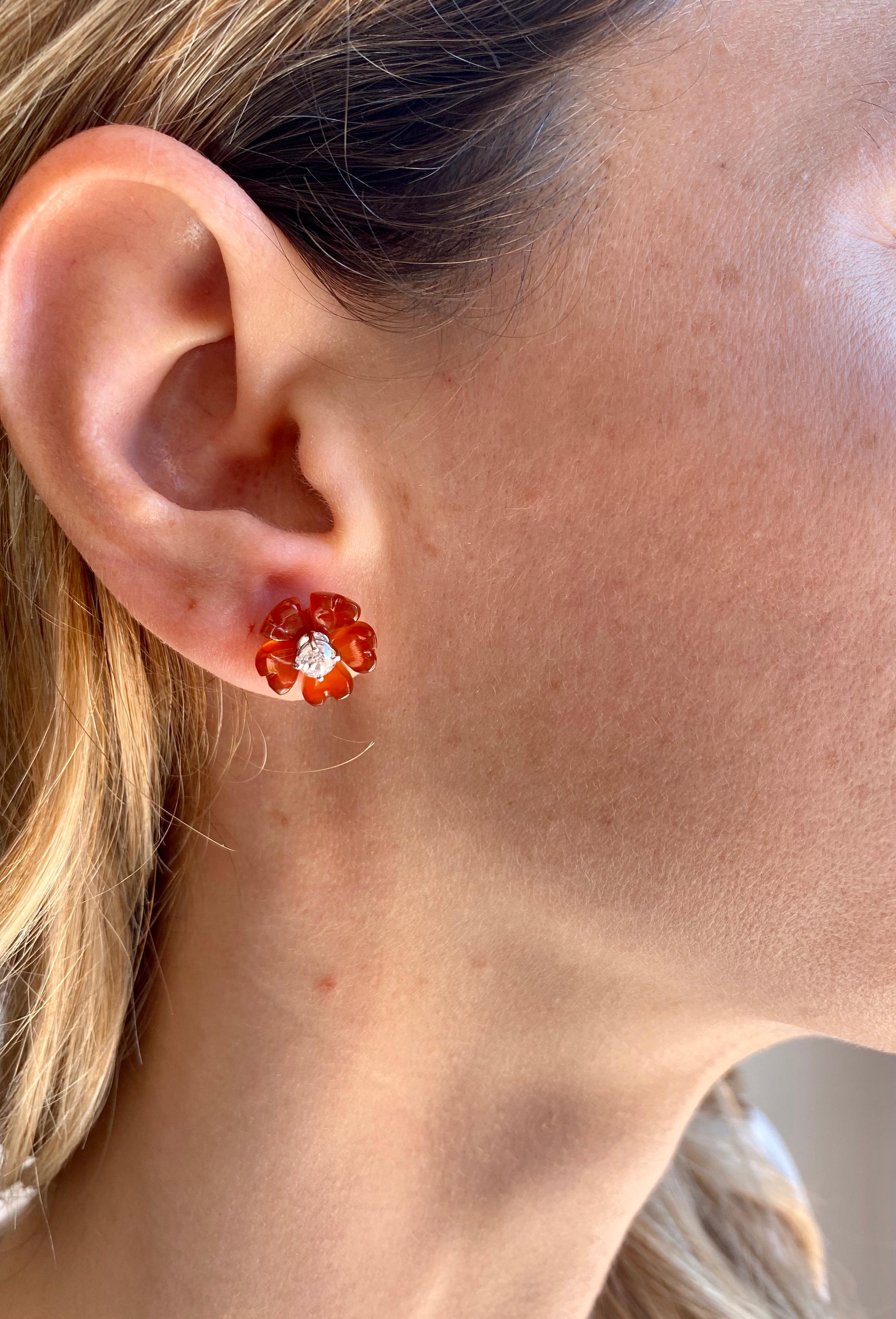 1960s Diamond Carnelian Stud Flower Earrings For Sale 2