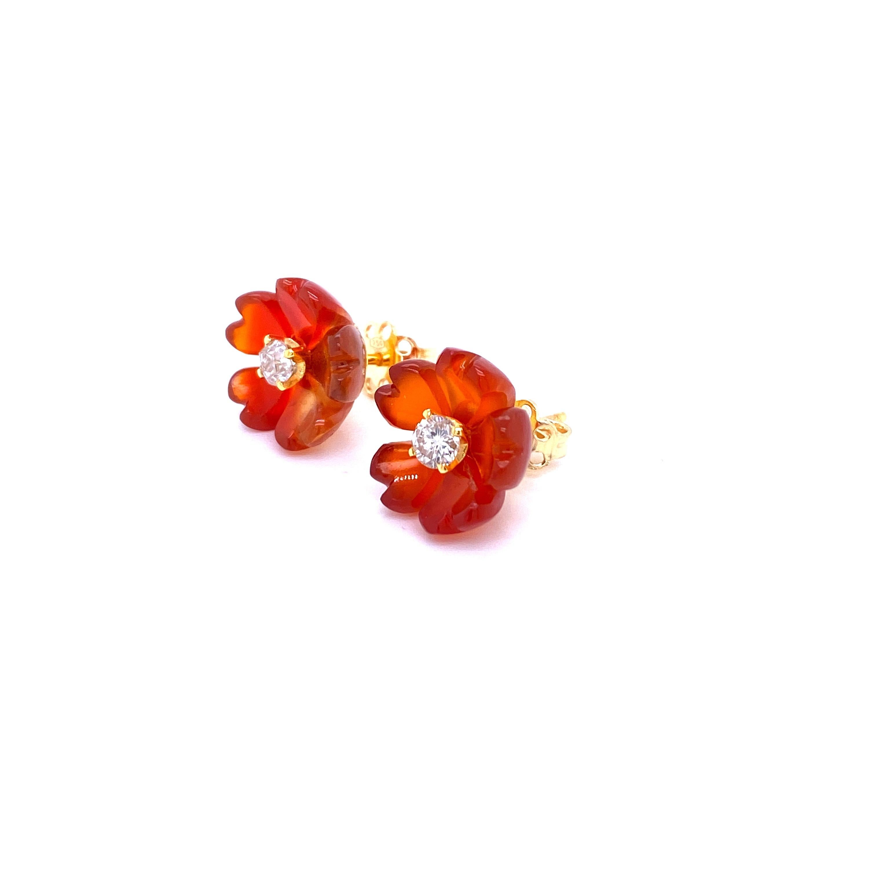 Round Cut 1960s Diamond Carnelian Stud Flower Earrings