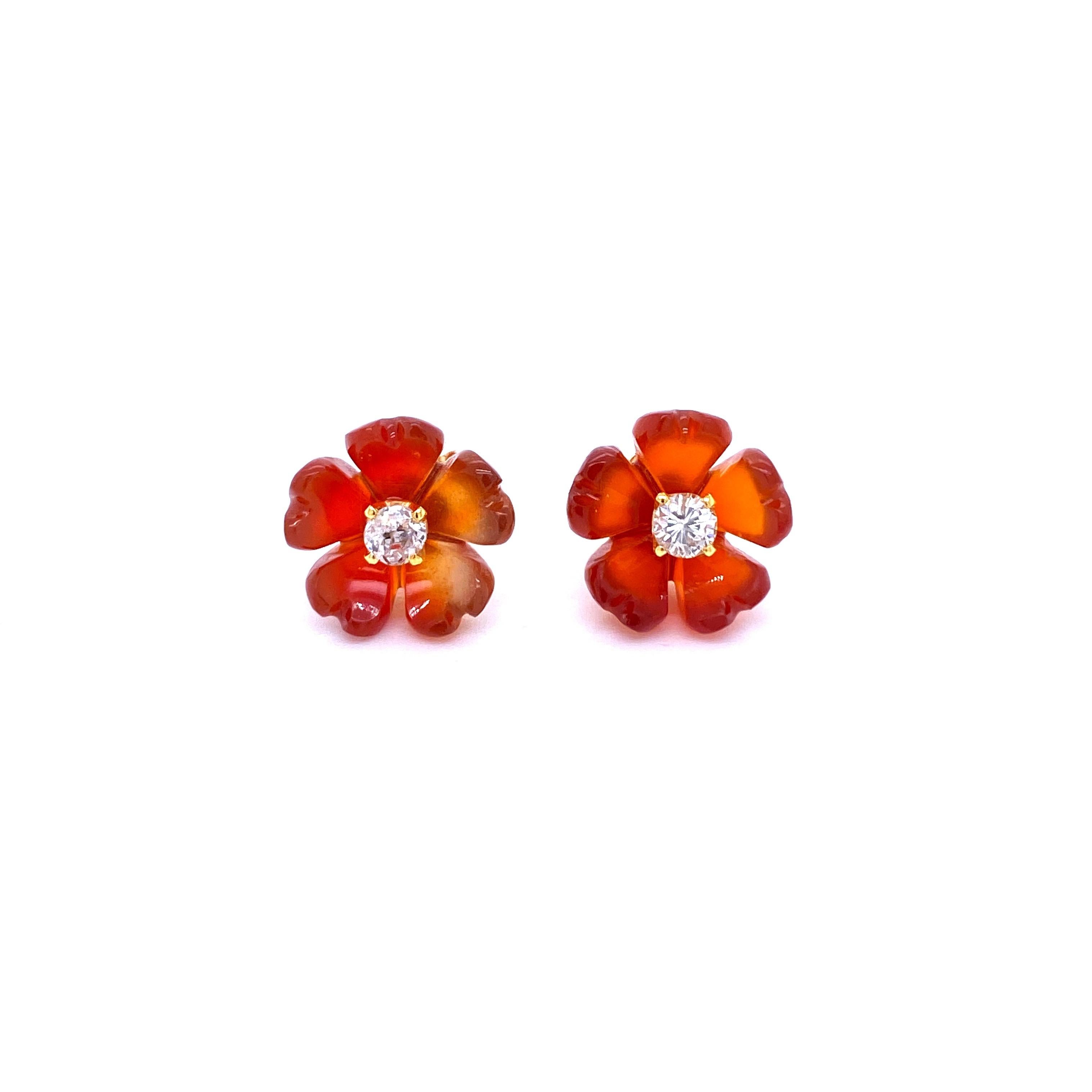 Round Cut 1960s Diamond Carnelian Stud Flower Earrings