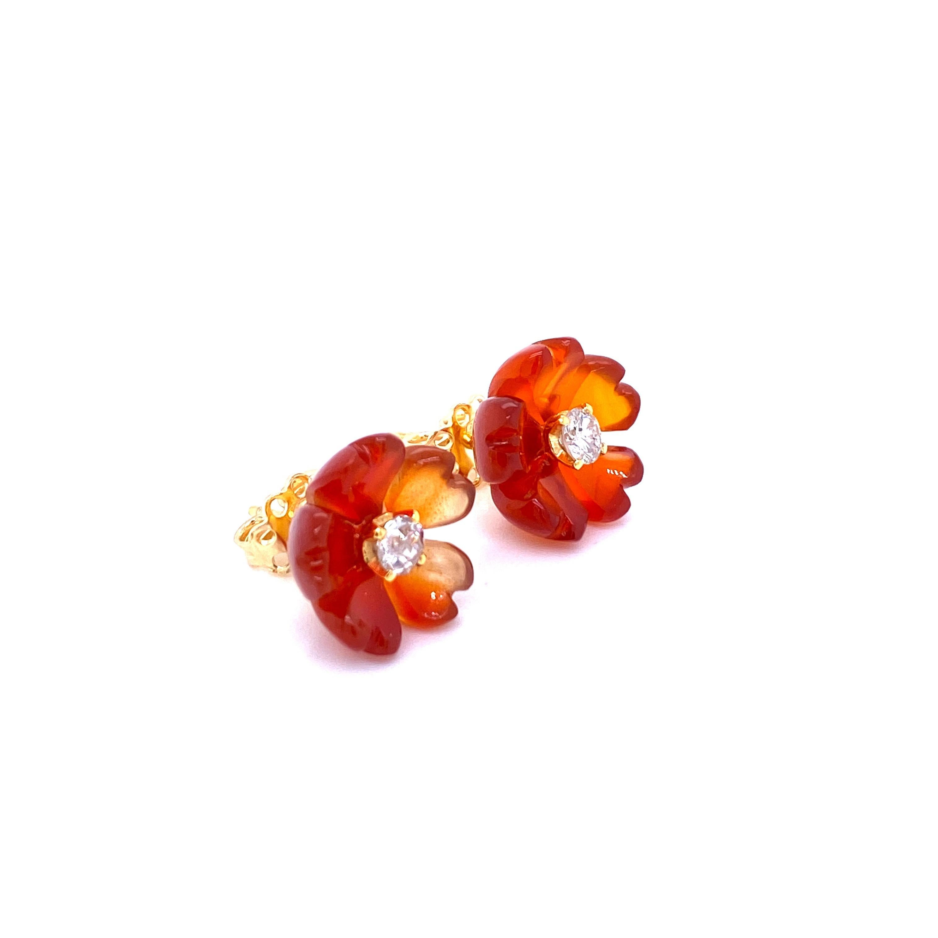 1960s Diamond Carnelian Stud Flower Earrings 2