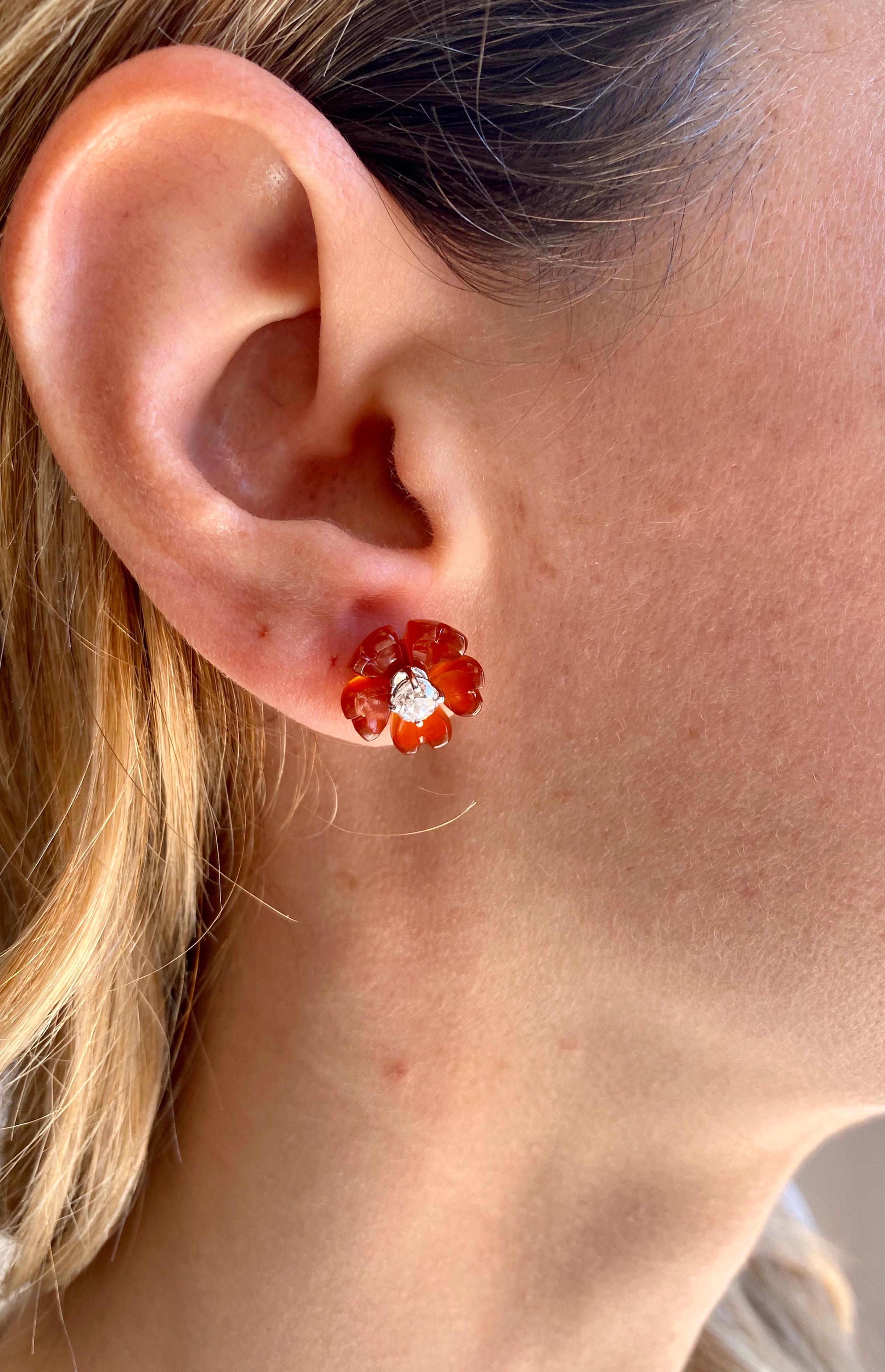 1960s Diamond Carnelian Stud Flower Earrings 3