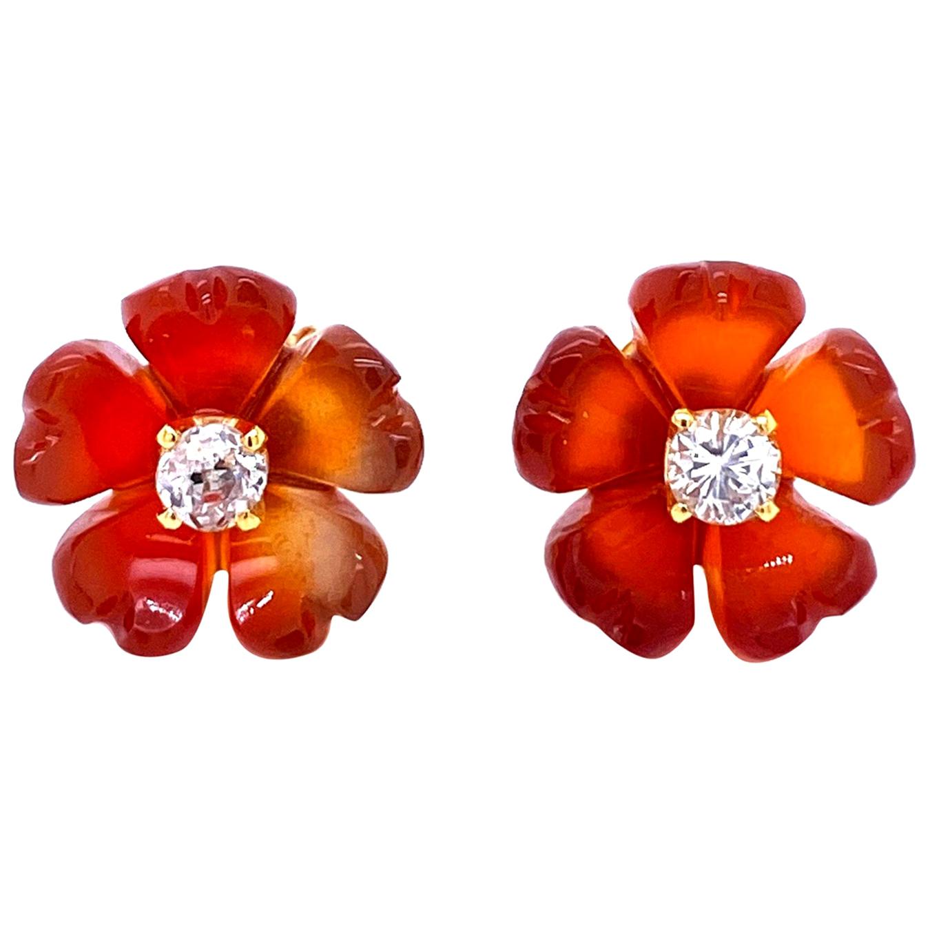 1960s Diamond Carnelian Stud Flower Earrings For Sale
