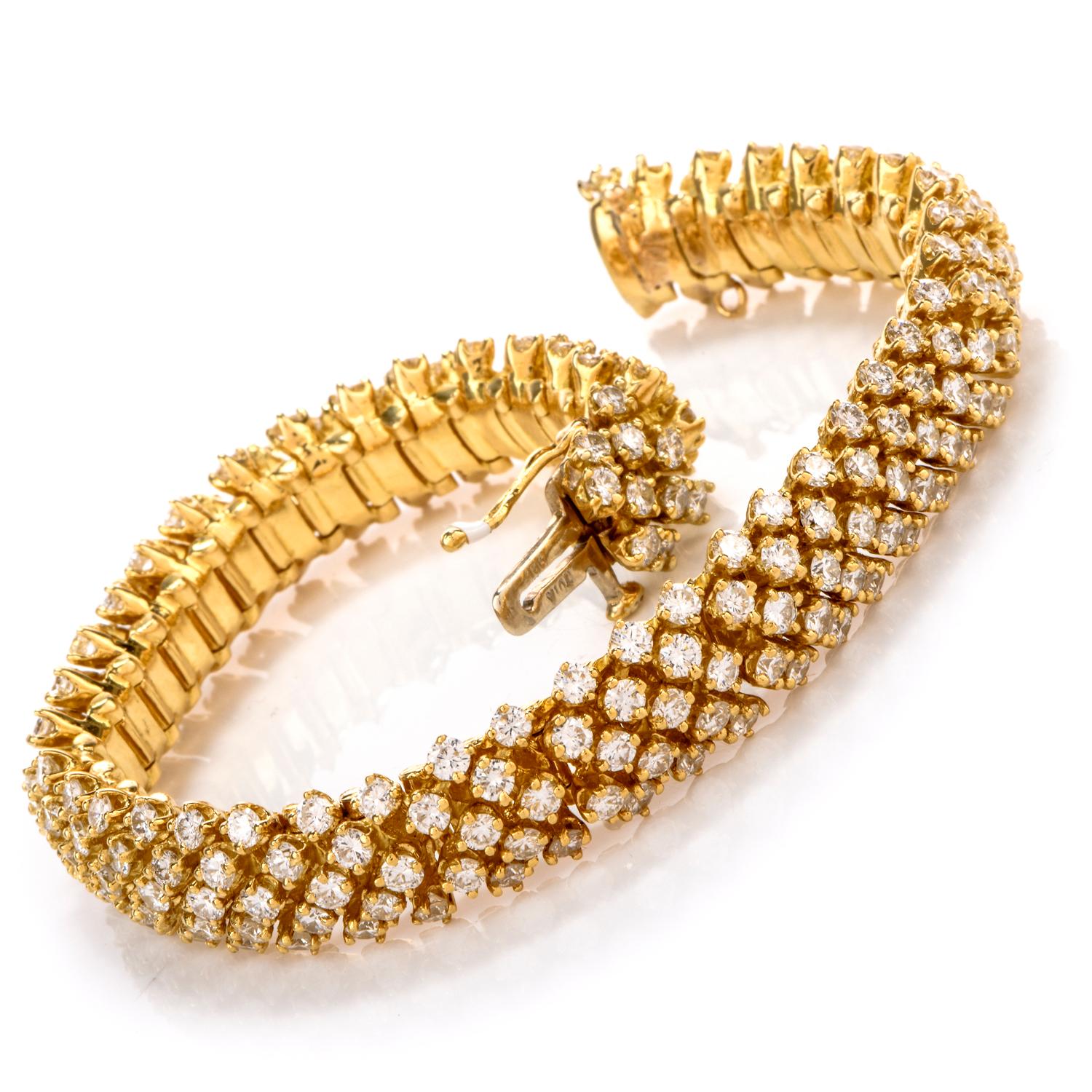 The Stunning 1960's Domed Bracelet was crafted in 18K Gold. The flexible Statement Bracelet was created to Radiate everywhere as each link has several prong set diamonds that complete the look throughout. This Understated Elegance has a nicely