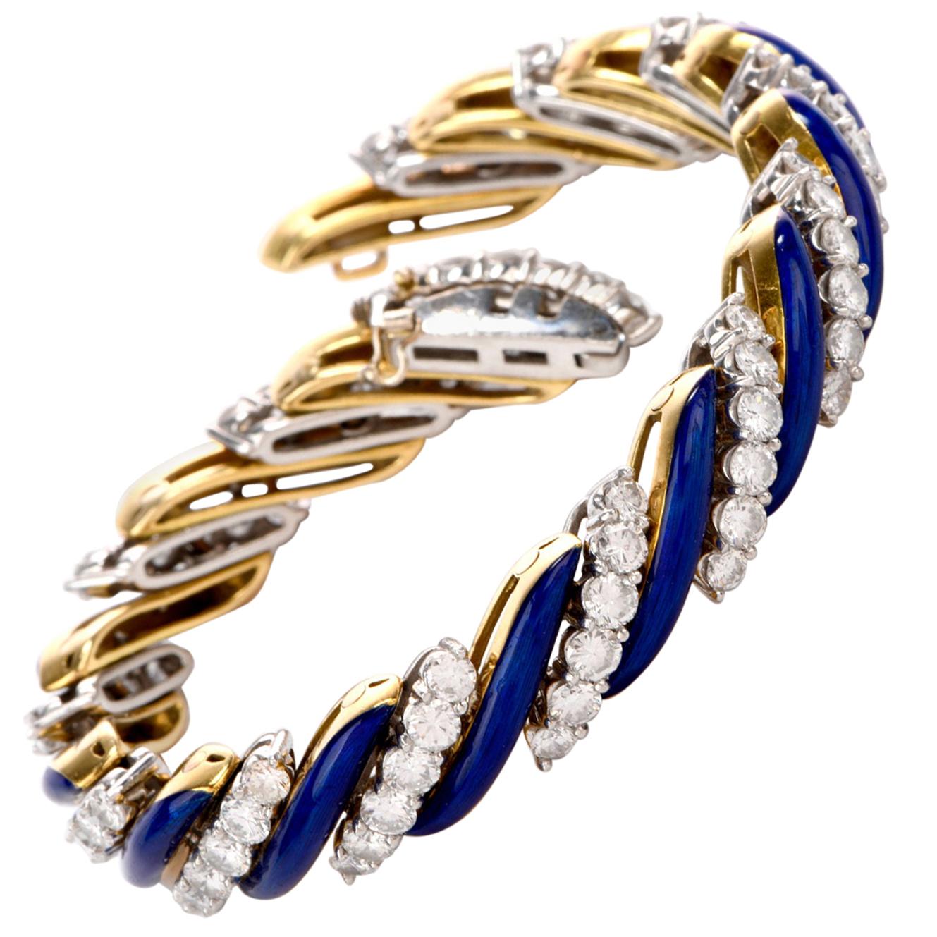 1960s Diamond Cobalt Blue Enamel Striped 18 Karat Gold Bracelet