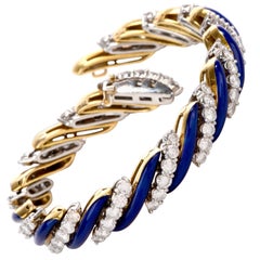 1960s Diamond Cobalt Blue Enamel Striped 18 Karat Gold Bracelet