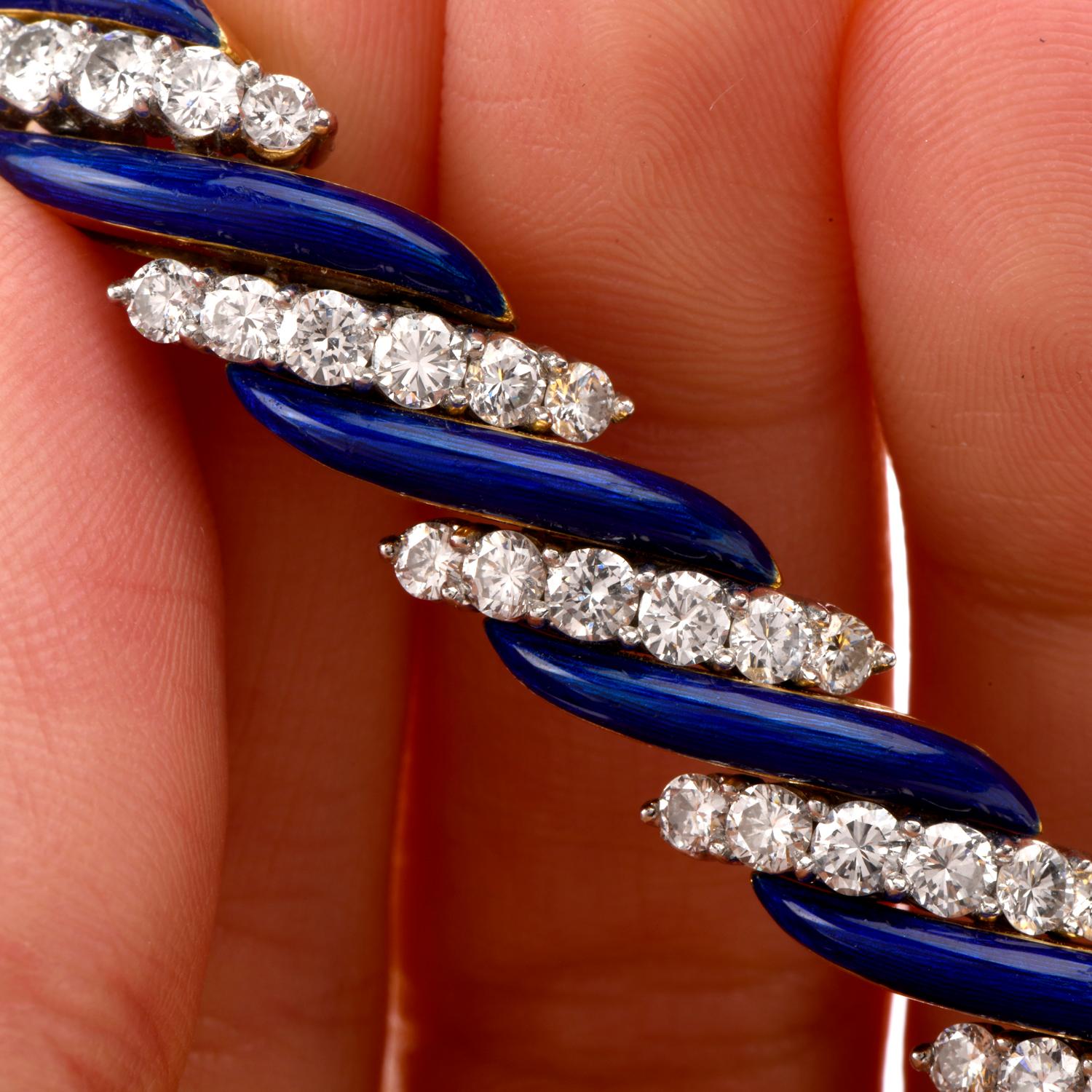 Women's 1960s Diamond Cobalt Blue Enamel Striped 18 Karat Gold Bracelet
