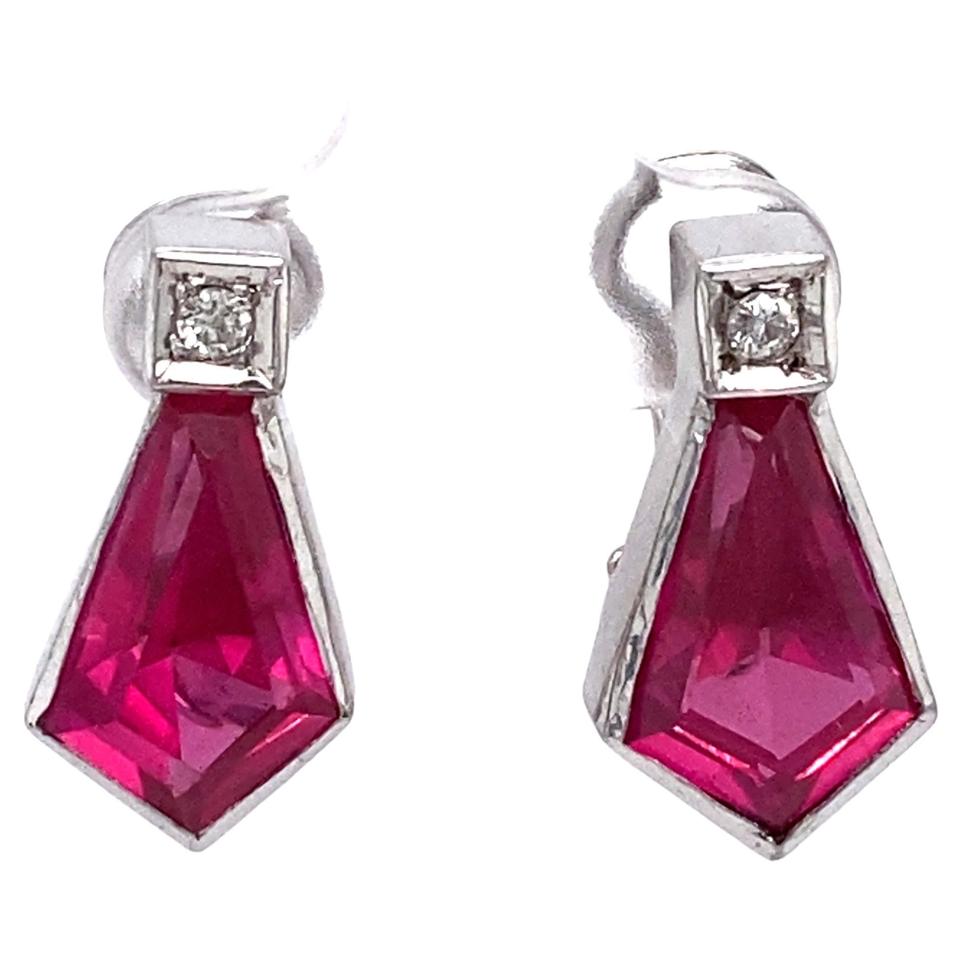 1960s Diamond Earrings with Red Glass in Palladium For Sale