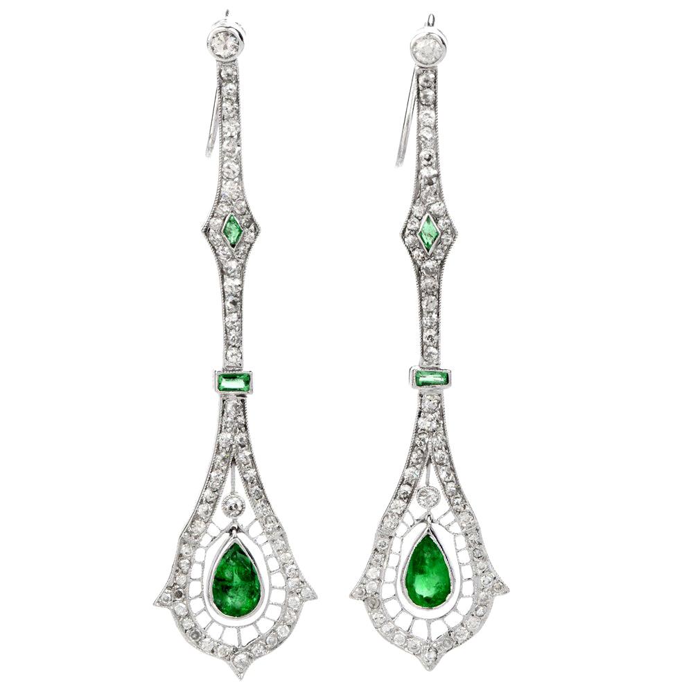 1960s Diamond Emerald Platinum Deco Drop Dangle Long Earrings