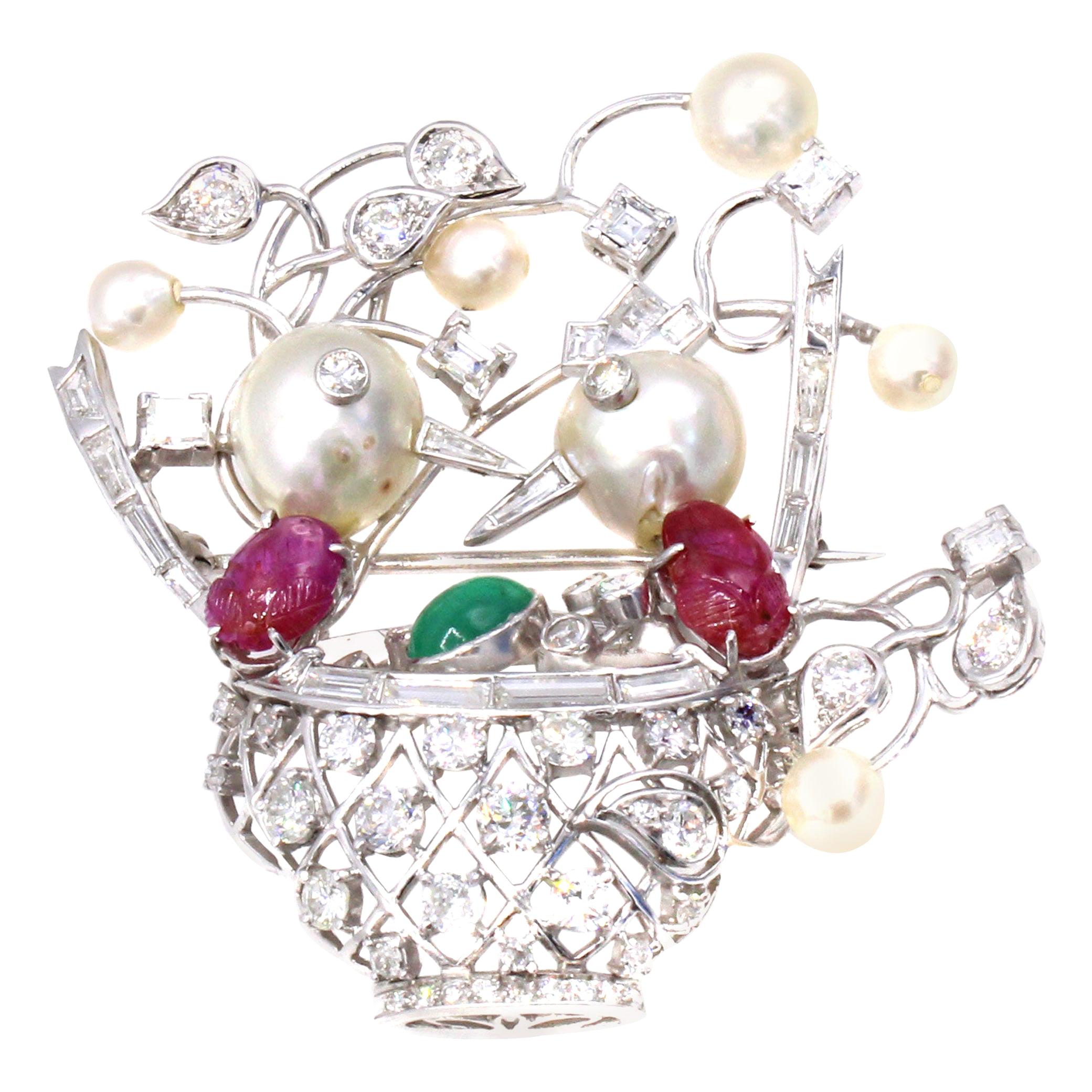 1960s Diamond Emerald Ruby Pearl Platinum Birds Nest Brooch