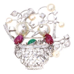 Vintage 1960s Diamond Emerald Ruby Pearl Platinum Birds Nest Brooch