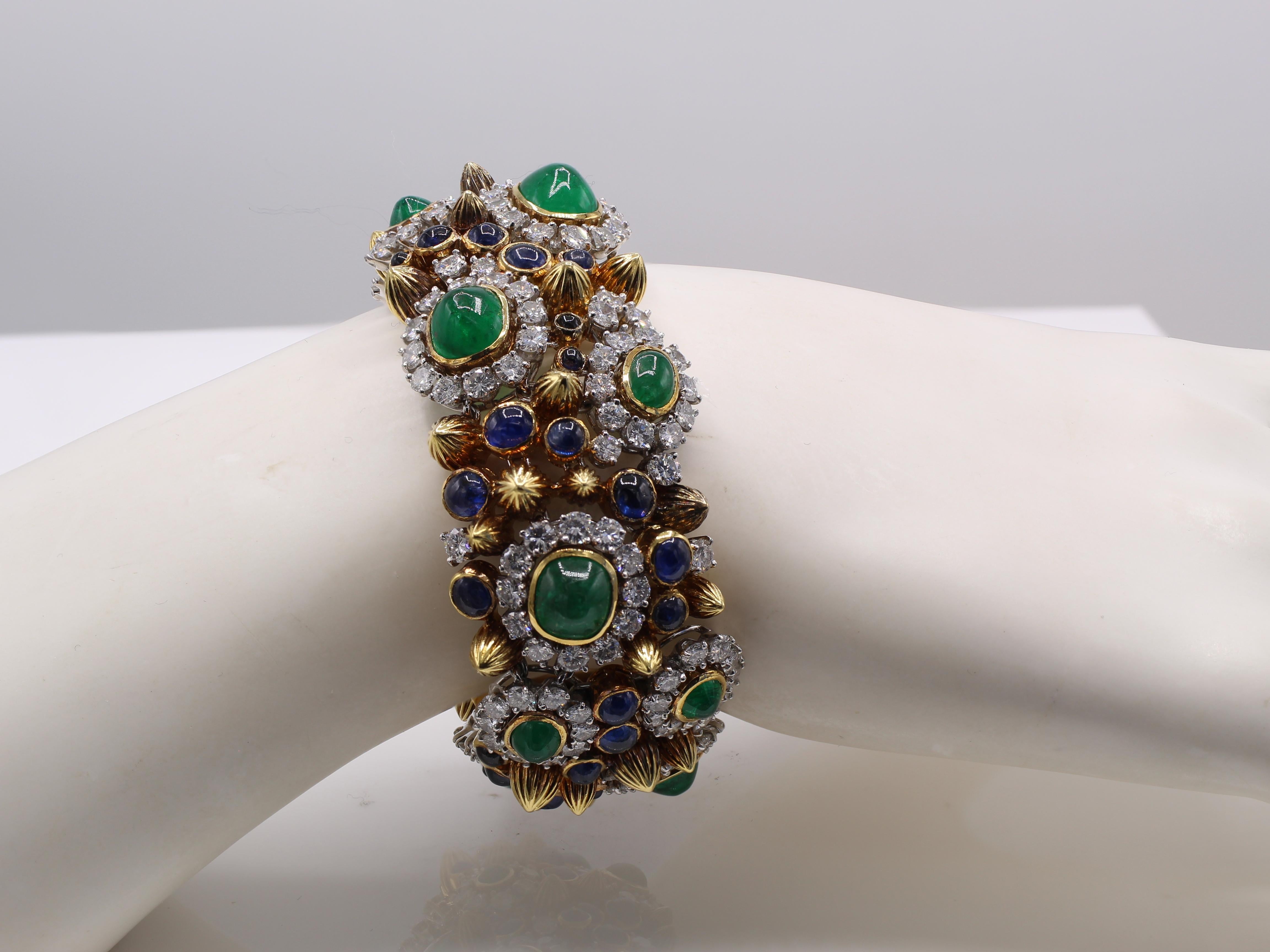 Mixed Cut 1960s Diamond Emerald Sapphire 18 Karat Yellow Gold Bracelet For Sale