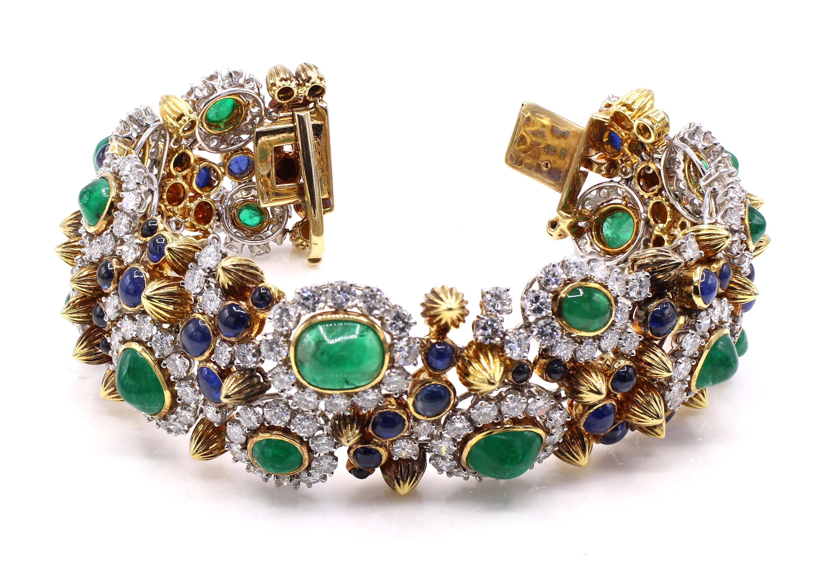 Women's or Men's 1960s Diamond Emerald Sapphire 18 Karat Yellow Gold Bracelet For Sale
