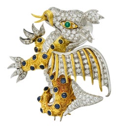 1960s Diamond Emerald Sapphire Platinum 18 Karat Gold Serpent Dragon Brooch