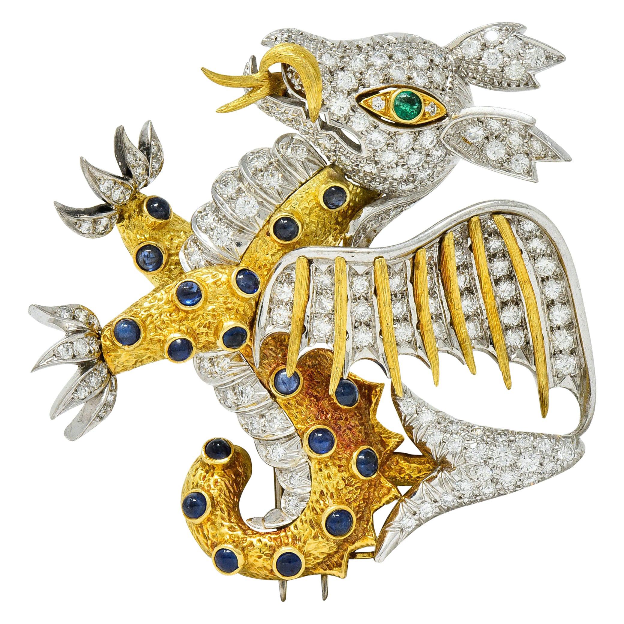 1960s Diamond Emerald Sapphire Platinum 18 Karat Gold Serpent Dragon Brooch