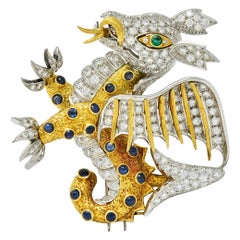 Vintage 1960s Diamond Emerald Sapphire Platinum 18 Karat Gold Serpent Dragon Brooch