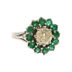 Vintage 1960s Diamond Emeralds Halo 18k White Gold Cluster Engagement Ring