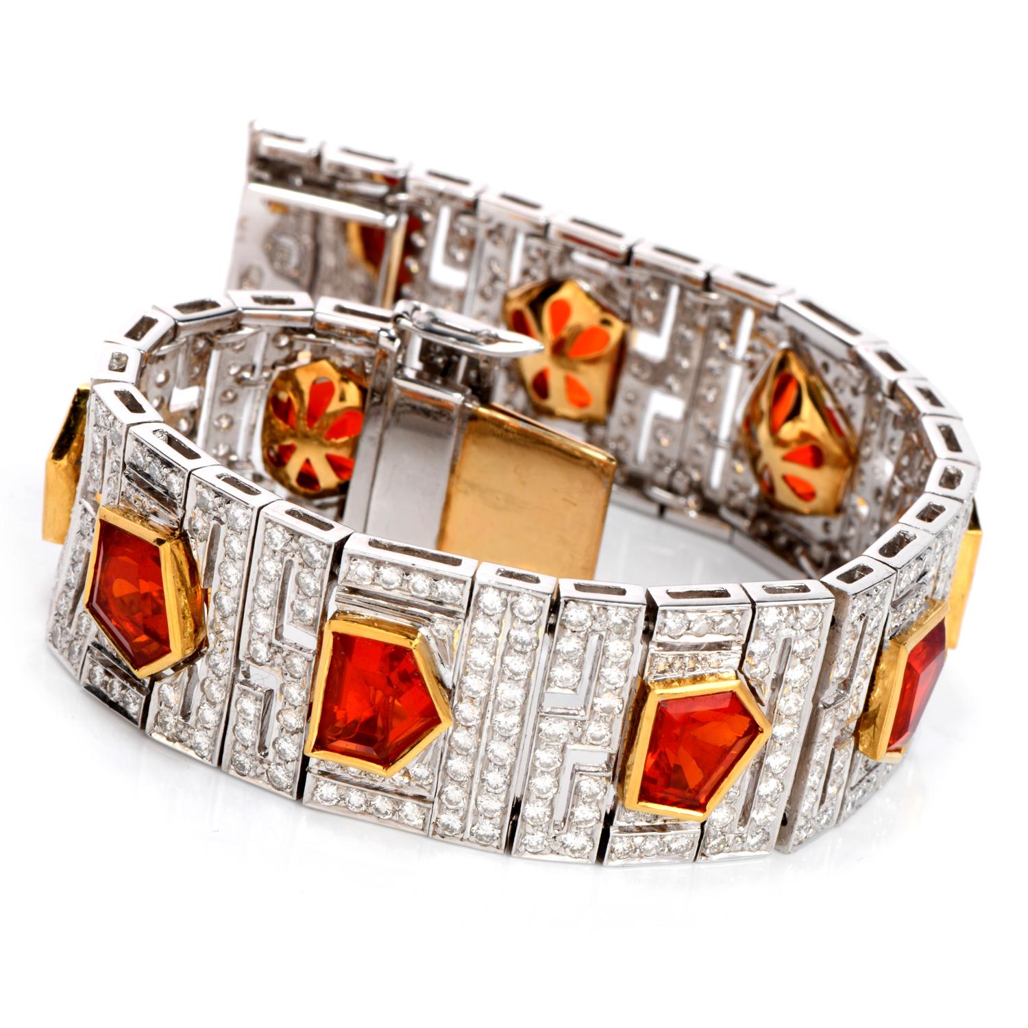 Shine vividly with this stunning vintage Art Deco Design Diamond Fire Opal 18K Gold Deco Wide Bracelet! 

It is crafted in 18-karat white and yellow gold and is purity marked.  There are bright genuine diamonds, round cut, and pave set, that create