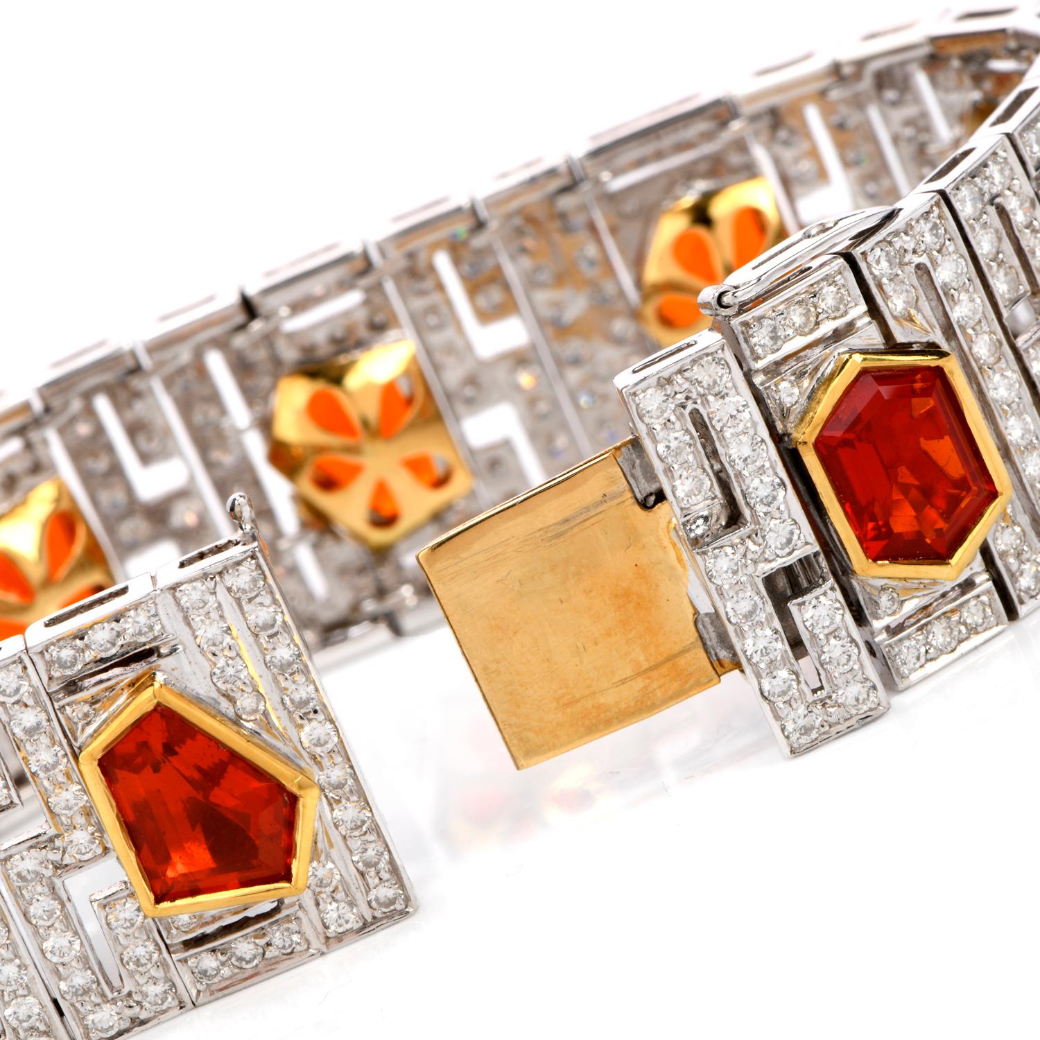 Art Deco 1960s Diamond Fire Opal 18 Karat Gold Deco Wide Bracelet For Sale