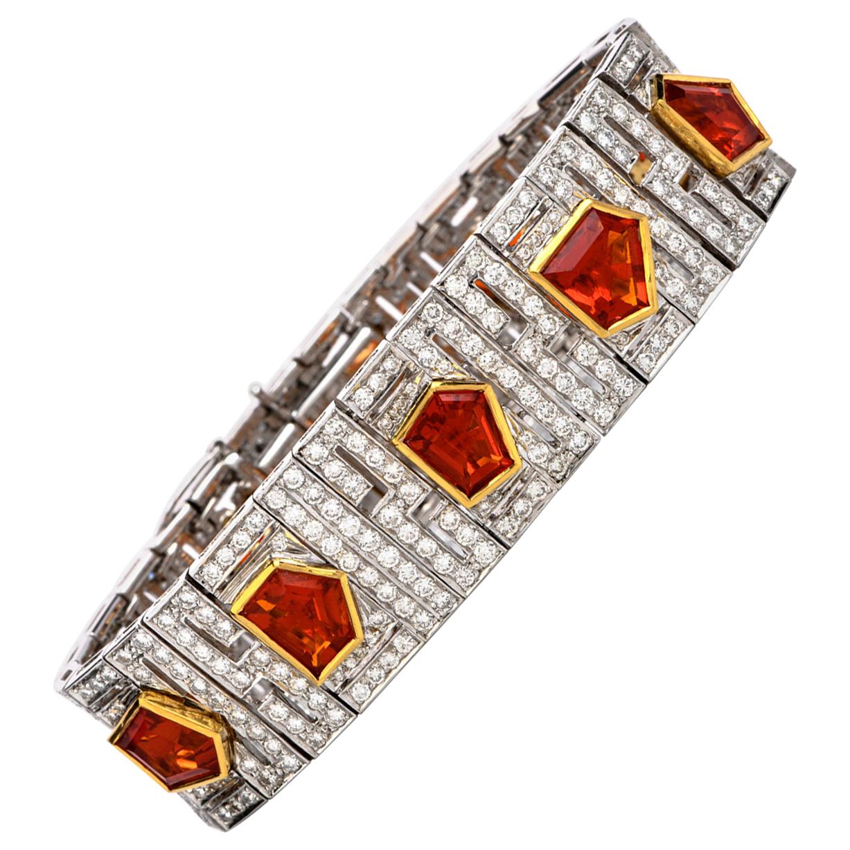 1960s Diamond Fire Opal 18 Karat Gold Deco Wide Bracelet