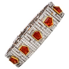 Retro 1960s Diamond Fire Opal 18 Karat Gold Deco Wide Bracelet