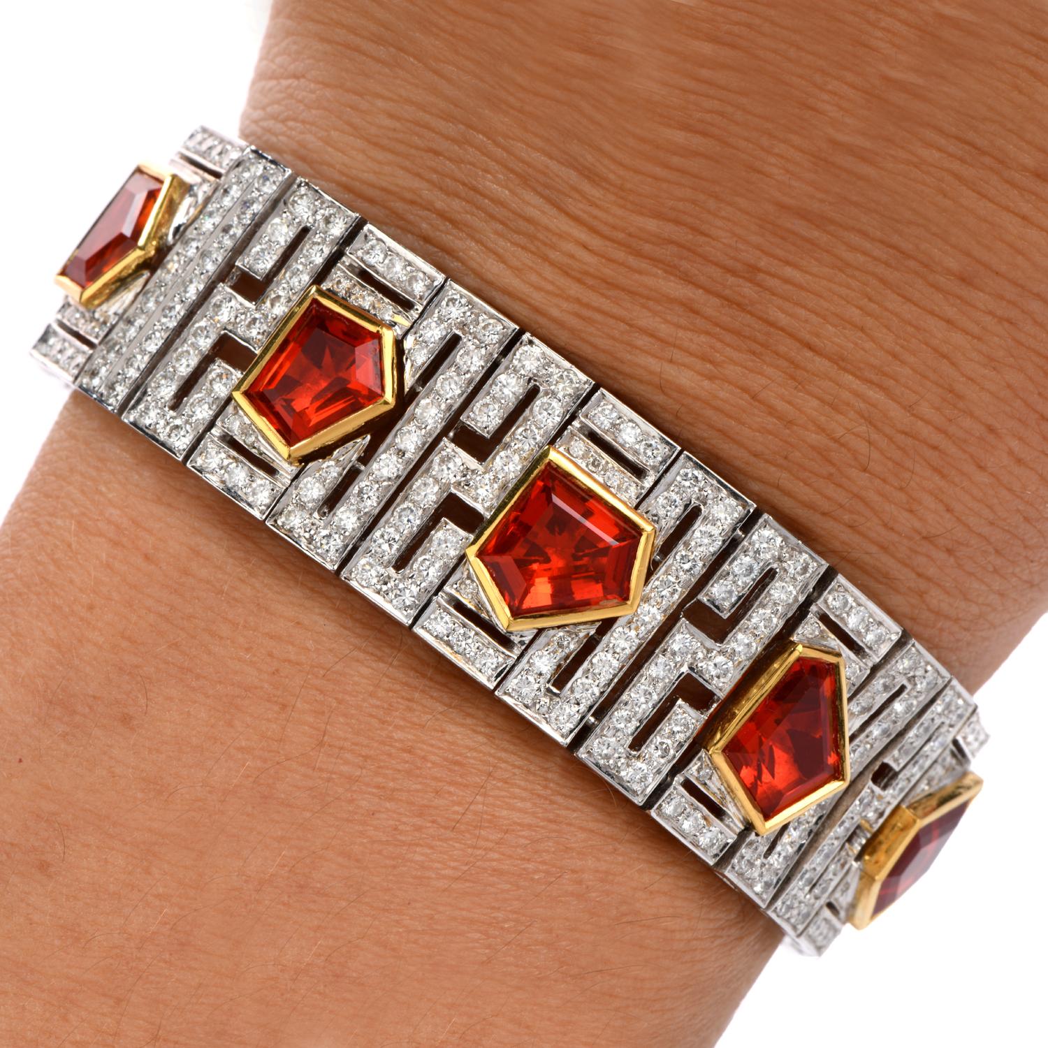 Art Deco 1960s Diamond Fire Opal 18 Karat Gold Deco Wide Bracelet