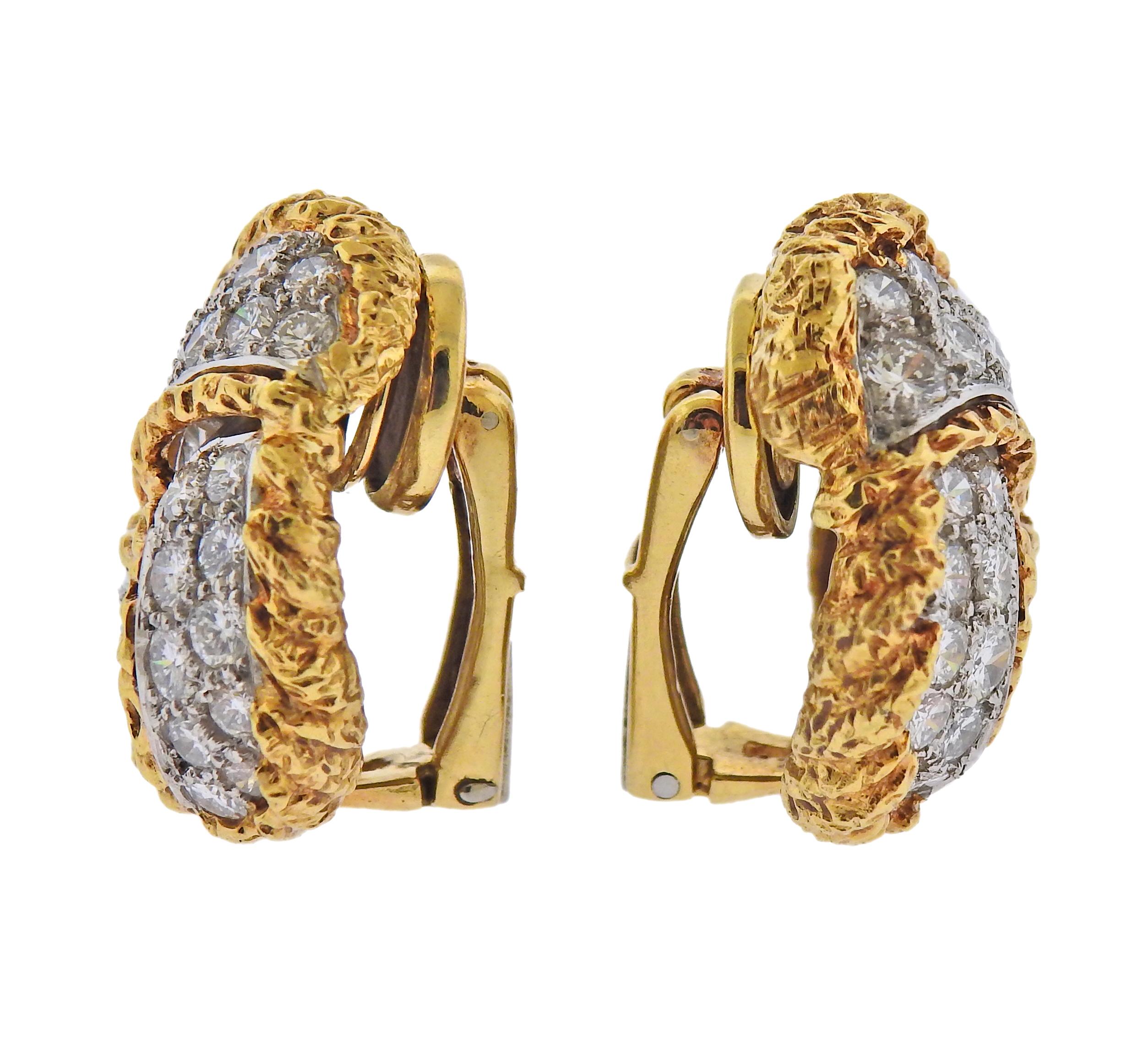 Pair of 1960s 18k gold earrings with approx. 4 carats in VS-SI1/H diamonds. Earrings measure 25mm x 25mm. Marked 18k. Weight- 24.9 grams. 

